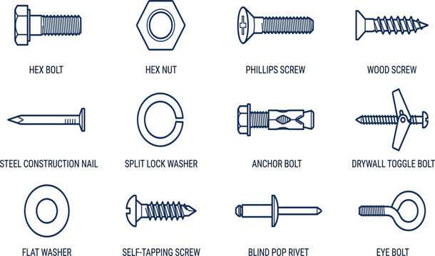 Industrial fasteners and hardware line icon set featuring hex bolts nut phillips screws drywall anchor flat washers vector illustrations