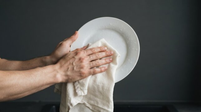 Close-up of hands drying a clean white plate with a cloth.