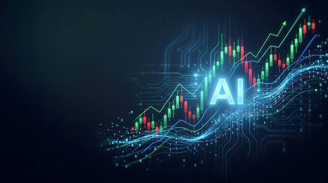 AI Stock Market Candlestick Chart with Rising Trend Lines, Binary Code and Glowing Data Stream on Dark Background
