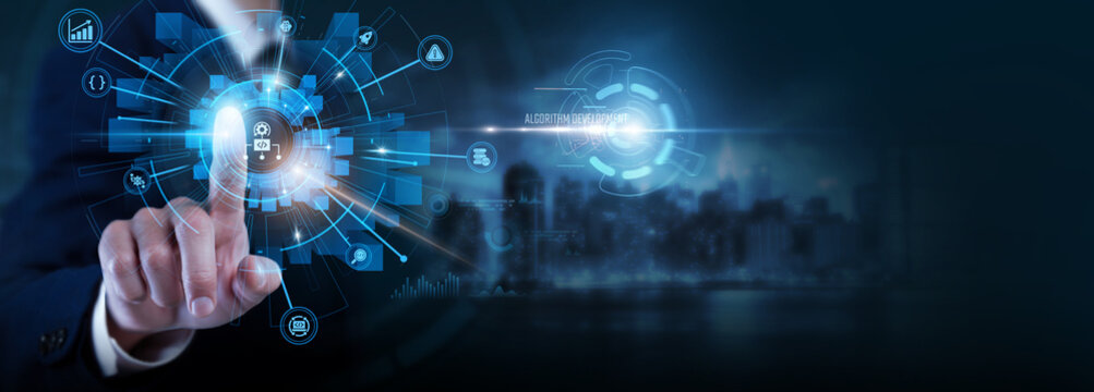 Businessman interacting with Algorithm development and data. analyzing models, optimizing processes, improving accuracy, supporting automation, advancing software technology