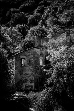 Monochrome View of an Abandoned House Ruin in Myli Gorge, Crete