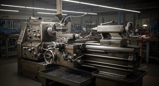 Vintage metal lathe machine in a workshop setting