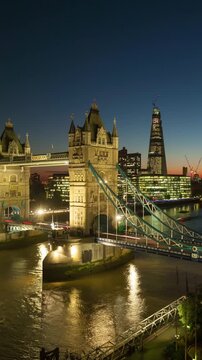 Time Lapse of the Tower Bridge in London at twilight. Vertical video.