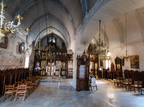 Arkadi, Greece - October 03, 2026 - Wide Panoramic Interior View of Arkadi Monastery Church