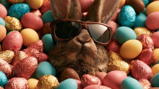 Cute Easter bunny wearing sunglasses surrounded by chocolate Easter eggs on a colourful background