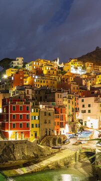 Vertical Time Lapse of the beautiful and scenic seaside village of Riomaggiore in Italy. One of the small towns that makes up Cinque Terre.