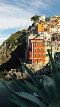 Vertical Time Lapse of the beautiful and scenic seaside village of Riomaggiore in Italy. One of the small towns that makes up Cinque Terre.