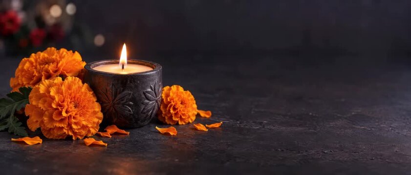 burning candle in stone bowl surrounded by orange marigold flowers with copy space, traditional Dia de los Muertos floral altar arrangement with glowing candle and text area