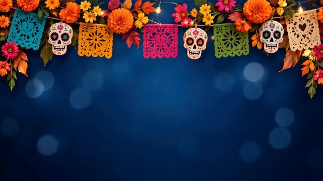 Day of the Dead festive background with colorful papel picado, calavera sugar skulls and cempas&uacute;chil flowers creating traditional celebration decor with large copy space