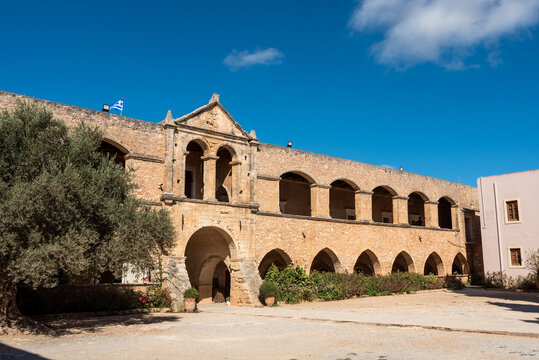 Arkadi, Greece - October 03, 2026 - Arched Portico Arcade at Main Entrance of Arkadi Monastery