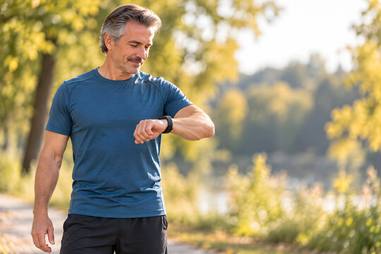 Adult man checks a smartwatch while walking outdoors near a lake, highlighting fitness tracking, activity monitoring, exercise routine, active lifestyle, technology, and men's health.