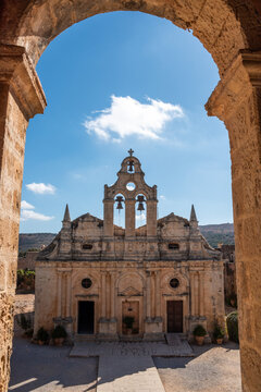 Arkadi, Greece - October 03, 2026 - Venetian Renaissance and Baroque Facade of Arkadi Monastery Church