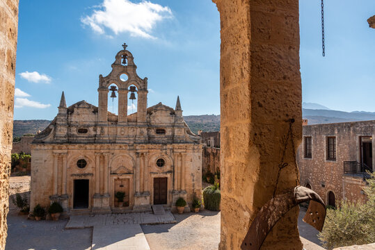 Arkadi, Greece - October 03, 2026 - Venetian Renaissance and Baroque Facade of Arkadi Monastery Church