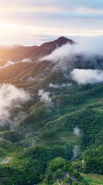 Aerial shot of the amazing terraced rice paddies in the mountains near Banaue Philippines. Vertical video.