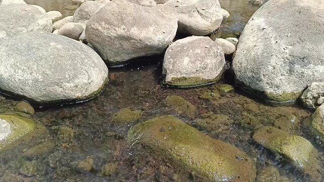 Clear mountain river water trickling around large mossy boulders during the dry season. Natural freshwater stream scene for ecology, nature, conservation, travel, and relaxation concepts