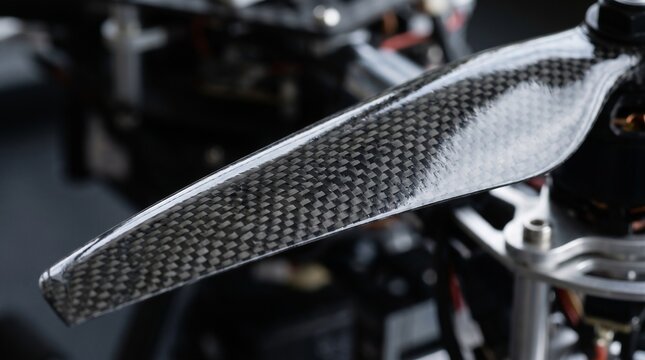 Carbon Fiber Drone Propeller Macro Close Up Of A Glossy Blade On Its Motor With The Dark Drone Frame Blurred Behind