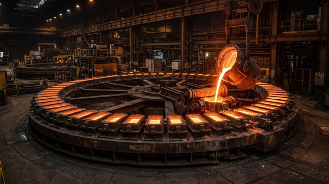 Copper Anode Casting Wheel In A Dark Smelter Hall With A Ladle Pouring Glowing Molten Metal Into Rectangular Moulds