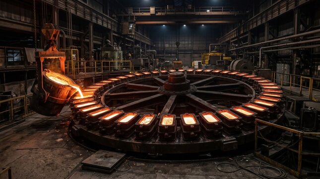 Copper Casting Wheel With Glowing Moulds In A Dim Foundry