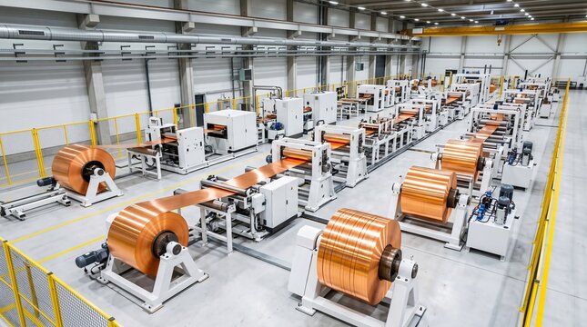 Copper Strip Coil Rolling Line With Large Coils On White Uncoilers Feeding Slitting Lines Behind Yellow Safety Fencing In A Bright Factory Hall