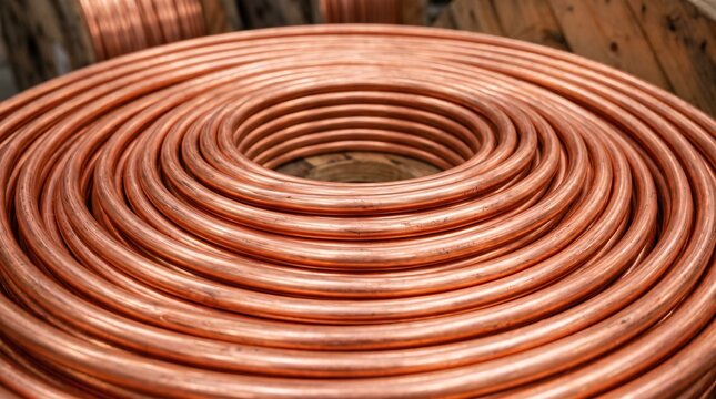 Copper Tube Coil Close Up With Cable Drums Blurred Behind