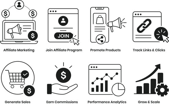 Affiliate Marketing and Commission Icon Set with Product Promotion, Tracking Links, Sales Analytics and Business Growth