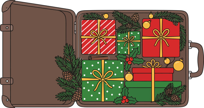 Vintage open suitcase packed with wrapped christmas presents and decorated with holly suitcase christmas presents vacation seasonal
