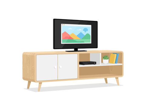Living room TV stand with flat screen on colorful landscape image