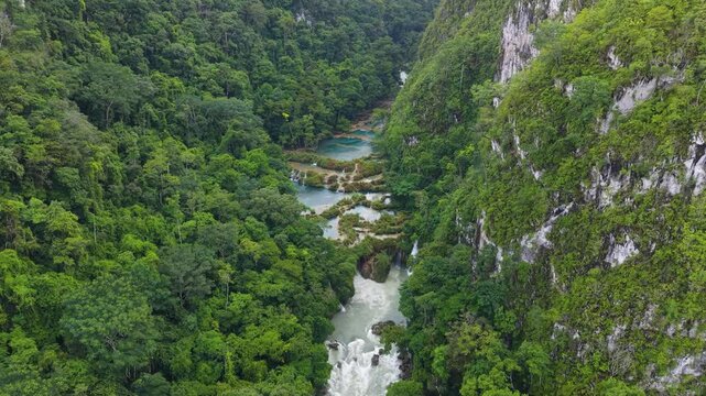 Aerial View of Semuc Champey Turquoise Pools and Waterfalls