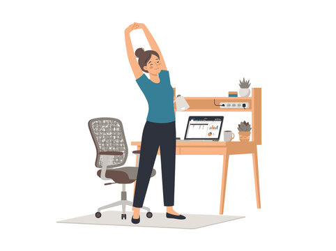Person Stretching at Home Office Desk with Laptop and Plants