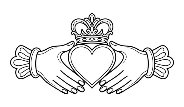 Claddagh Symbol Coloring Page with Hands Heart and Crown Outline