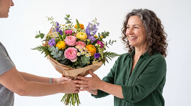 A smiling woman receiving a beautiful bouquet of flowers from a person