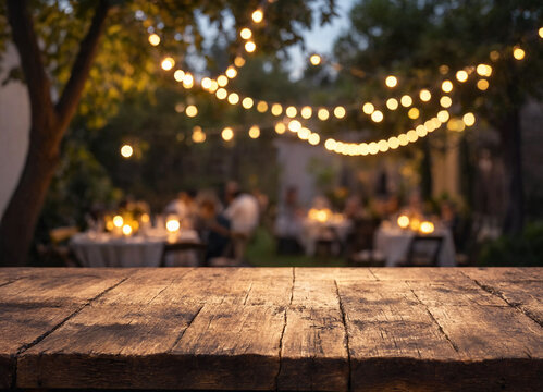 Rustic wooden table top with blurred festive garden party background and warm string lights