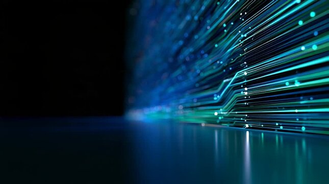 network of glowing light trails on a dark background, styled to look like an advanced computer circuit board  thin, luminous pathways in cyan, blue, and emerald green run horizontally Generative AI