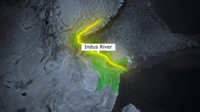 Animated 3D topographic map tracking the path of the Indus River through Pakistan