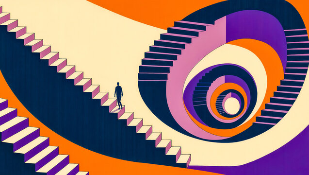 Overthinking concept of tiny person climbing endless spiral staircase