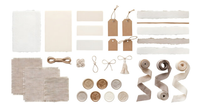 Wedding stationery mockup elements with handmade paper, wax seals, ribbons, and fabric isolated on transparent background