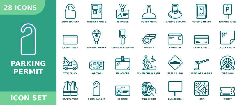 Parking permit icon set, collection of thin line icons for parking management, enforcement, and vehicle identification, vector illustration
