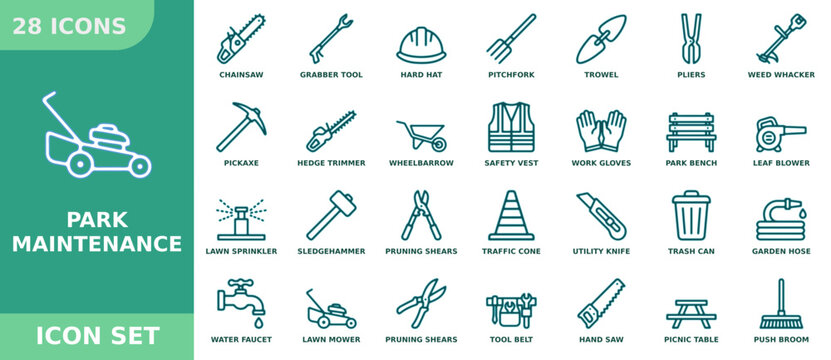 Park maintenance icon set, vector collection of gardening and landscaping tools for groundskeeping, outdoor work, and facility management