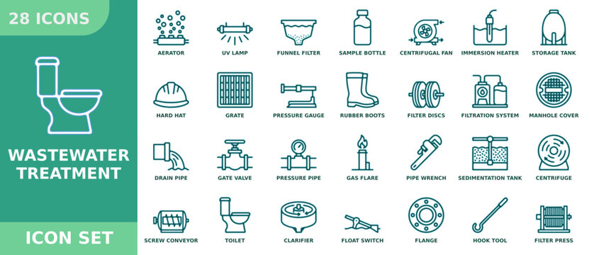 Wastewater treatment icon set including filtration systems, plumbing components, and industrial water processing equipment for engineering and environmental design