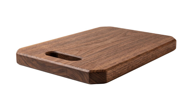 Rustic dark walnut cutting board with handle, solid wood chopping block for kitchen culinary prep, natural hardwood food presentation tray isolated on Transparent Background