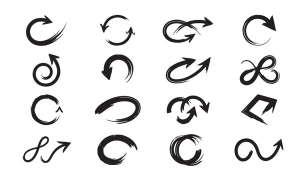 Circular brush stroke arrow set for loading symbols and loop navigation elements on web interfaces.