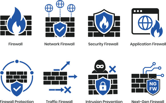 Firewall and Network Security Icon Set with Network Firewall, Application Firewall, Traffic Filtering, Intrusion Prevention and Next Generation Firewall