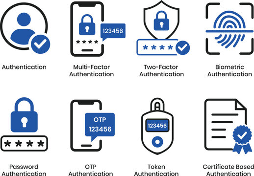 Multi Factor Authentication and Cybersecurity Icon Set with Biometric, Password, OTP, Token and Certificate Authentication