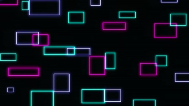 Abstract neon rectangles and squares pattern on black background vibrant digital animation loop