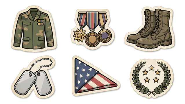 Cartoon military sticker set with camouflage jacket, medals with ribbons, army boots, dog tags, folded flag and laurel wreath with five gold stars