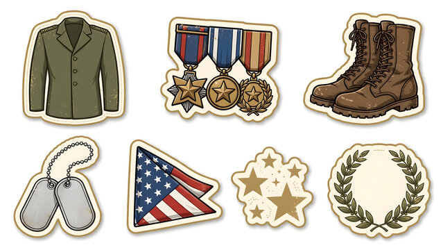 Distressed vintage veteran sticker set with green military jacket, medals, brown combat boots, dog tags, folded flag, gold stars and blank laurel wreath