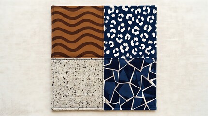 Fototapeta premium Quilted Fabric Patchwork Square Featuring Wavy Brown, Animal Print, Speckled Texture, and Geometric Navy Blue Patterns