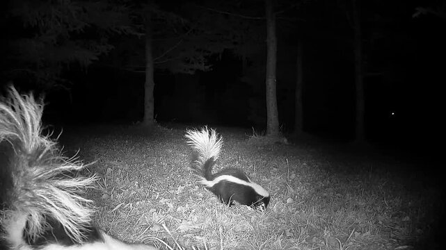 An infrared trail camera captures two striped skunks foraging near tree trunks at night as one animal passes close to the lens, briefly obscuring the view with its raised tail.