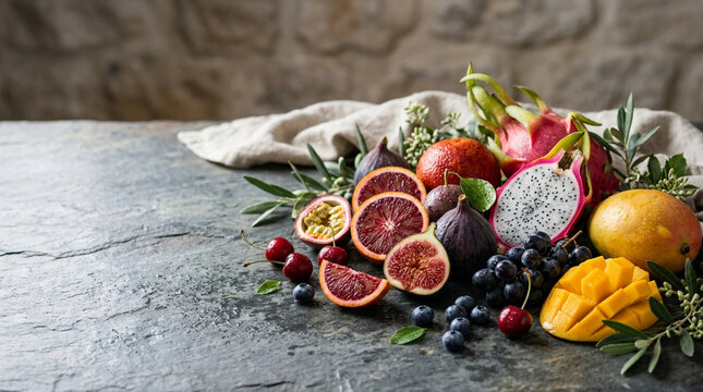 Fresh colorful tropical fruit mix with dragon fruit and figs on a textured stone table exotic fruit blood orange ripe mango black grapes passion fruit still life food photography tropical prod