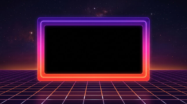 Neon glowing rectangular frame on a retro synthwave grid